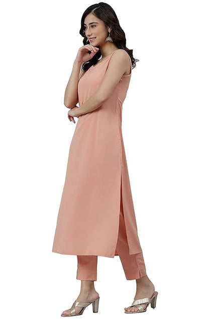 Women's Peach Poly Crepe Solid Kurta with Pant and Dupatta