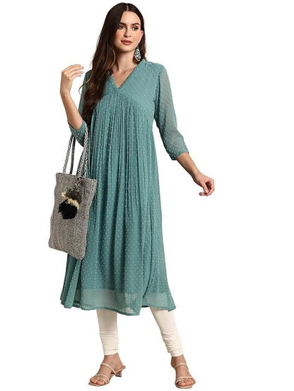 Women's Green Poly Chiffon Self Design Flared Western Dress