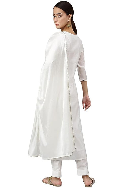 Janasya Women's White Poly Silk Solid Kurta with Pant and Dupatta