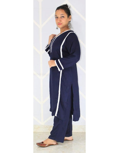 Sewing Shop - Cotton Blue Suit Palazzo Set with Front Lace for Women - (Formal or Casual Dress)