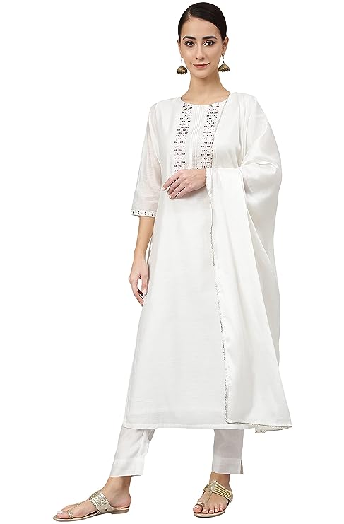 Janasya Women's White Poly Silk Solid Kurta with Pant and Dupatta