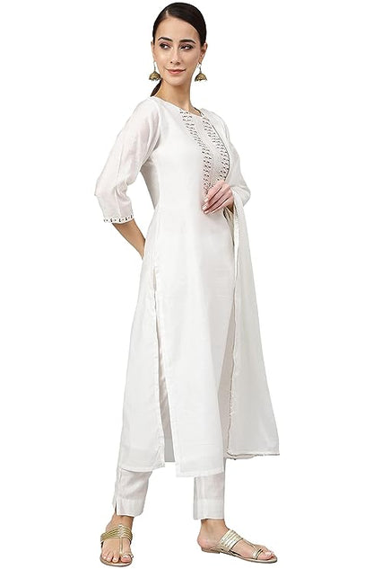 Janasya Women's White Poly Silk Solid Kurta with Pant and Dupatta