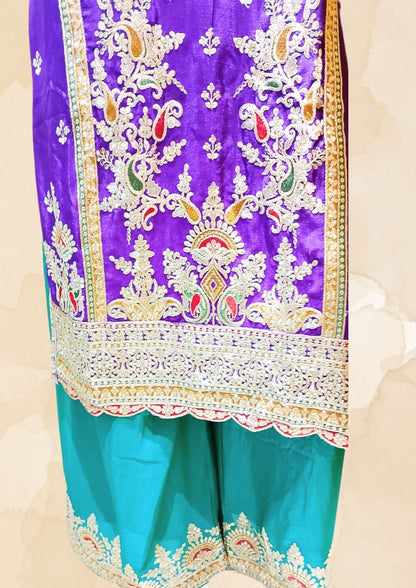 Myror Embroidered Chinon Silk Salwar Kameez with Dupatta, Purple and Green