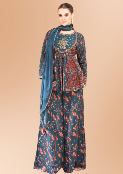 Floral Printed Cotton Top, Sharara with Dupatta, Teal and Orange. Embroidery Work Ideal, Parties, Wedding, Engagement