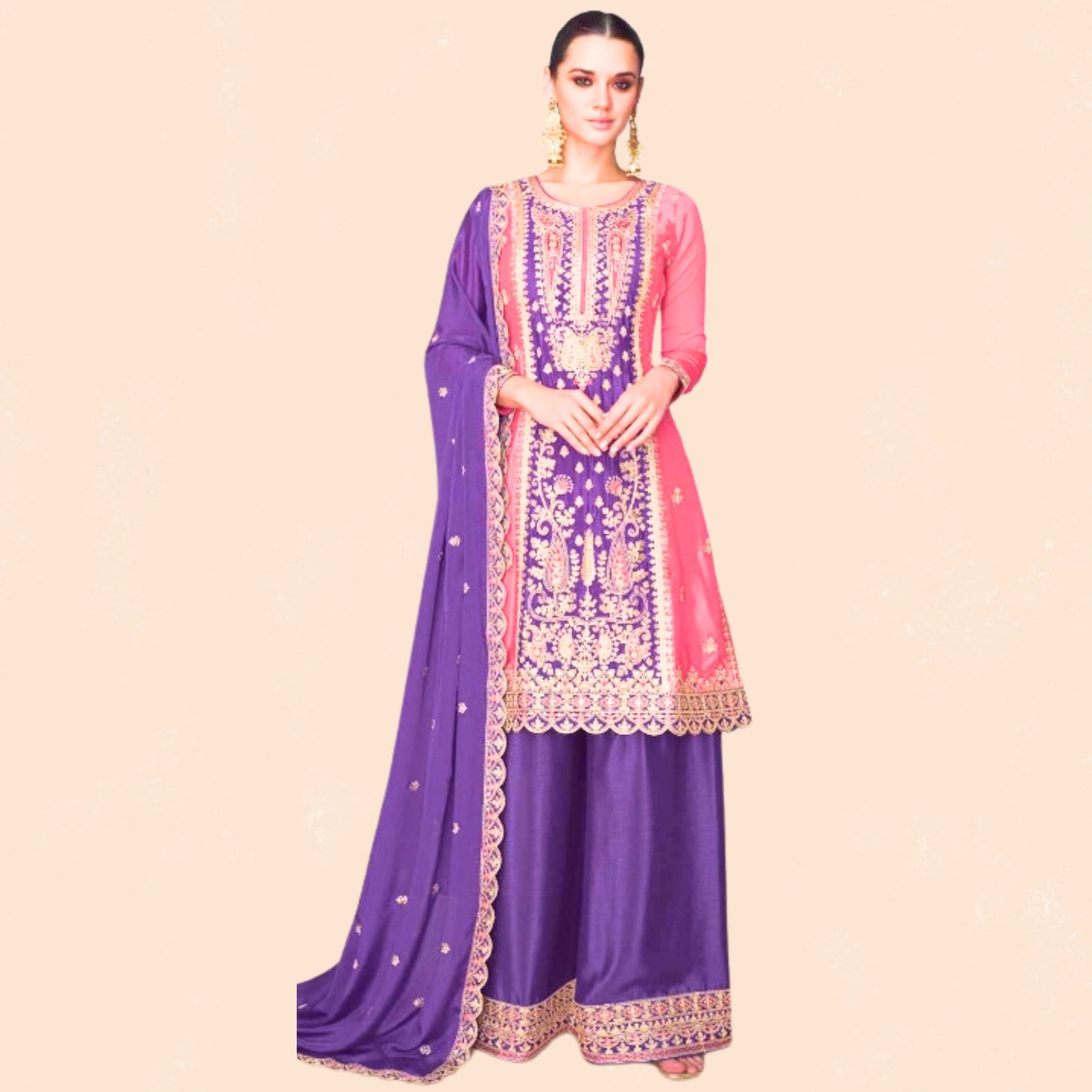 Myror-Ashirwad 3 piece heavy Suit Set for Festive Wear - Pink and Purple - Free Size