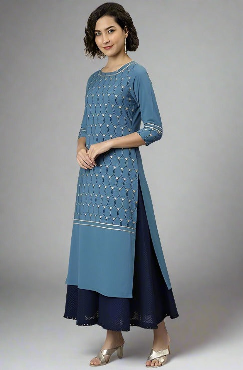 Blue Poly Crepe Ethnic Motifs Kurta for Women