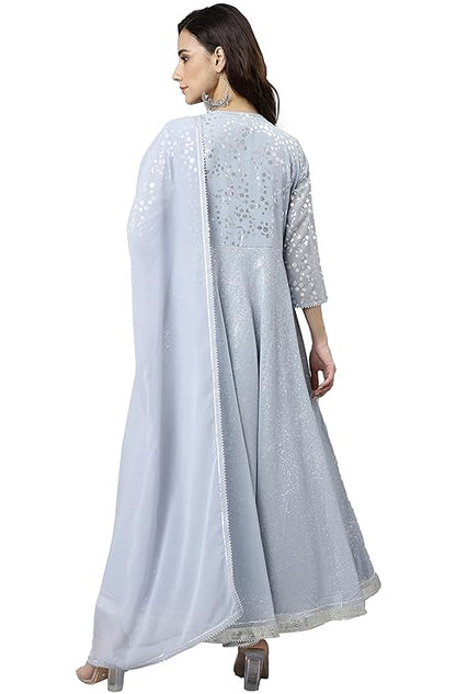 Women's Grey Georgette Foil Print Kurta with Dupatta