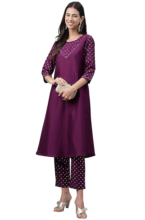 Women's Purple Crepe Silk Foil Printed Kurta with Pant