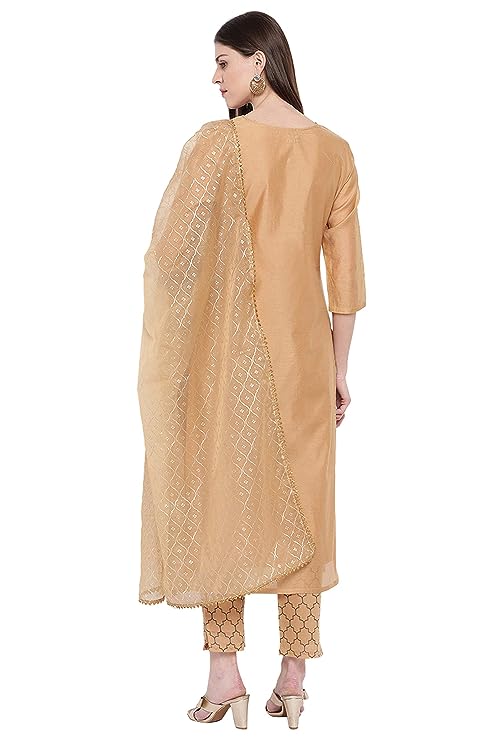 Janasya Women's Gold Poly Chanderi Kurta With Pant and Dupatta