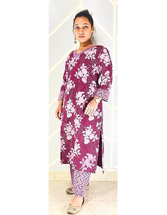 Sewing Shop - Magenta (Pink) Floral Printed Cotton Suit and Palazzo Set for women - Festive, Casual Wear