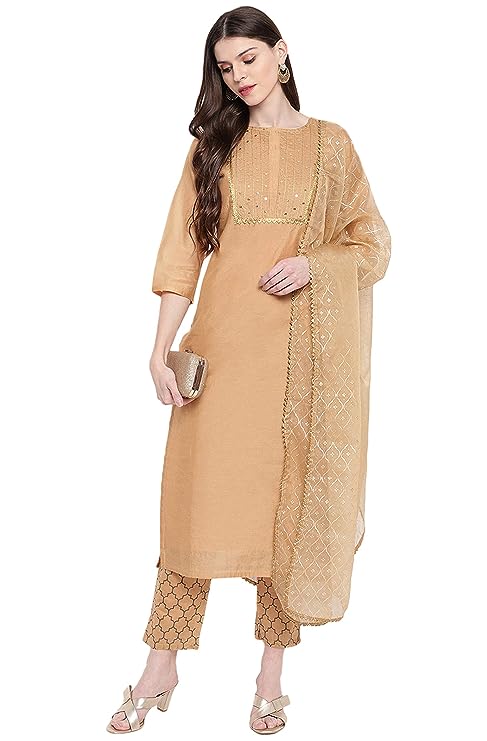 Janasya Women's Gold Poly Chanderi Kurta With Pant and Dupatta