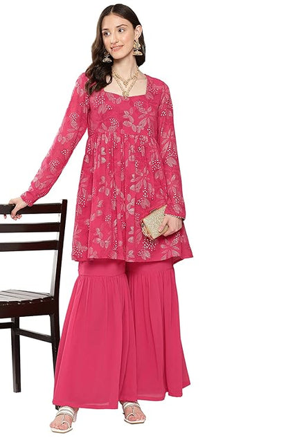 Women's Pink Georgette Foil Printed Short Kurta with Sharara