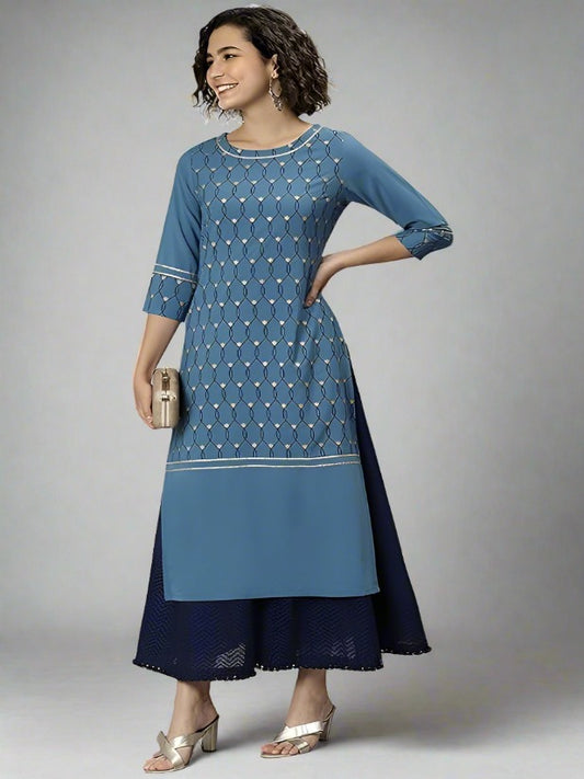 Blue Poly Crepe Ethnic Motifs Kurta for Women