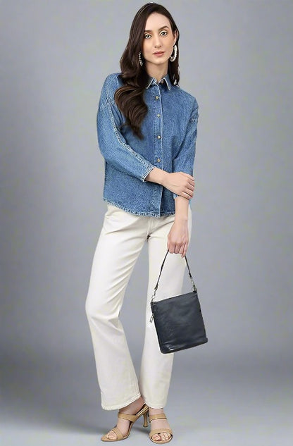 Blue Denim Solid Shirt Style Top for Women