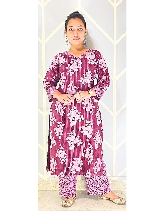 Sewing Shop - Magenta (Pink) Floral Printed Cotton Suit and Palazzo Set for women - Festive, Casual Wear