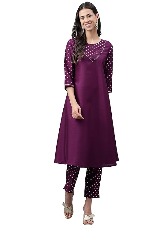 Women's Purple Crepe Silk Foil Printed Kurta with Pant