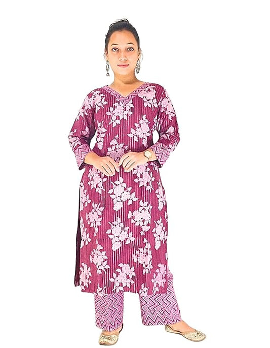 Sewing Shop - Magenta (Pink) Floral Printed Cotton Suit and Palazzo Set for women - Festive, Casual Wear