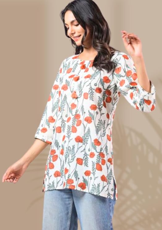 Short Cotton Kurtis with beautiful orange flowers and tassels