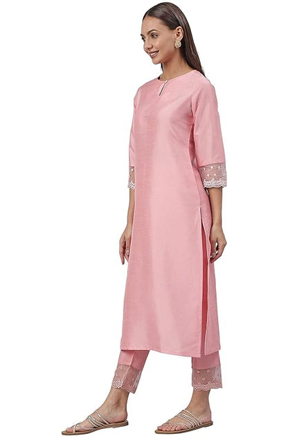 Women's Pink Poly Silk Straight Kurta with Pant