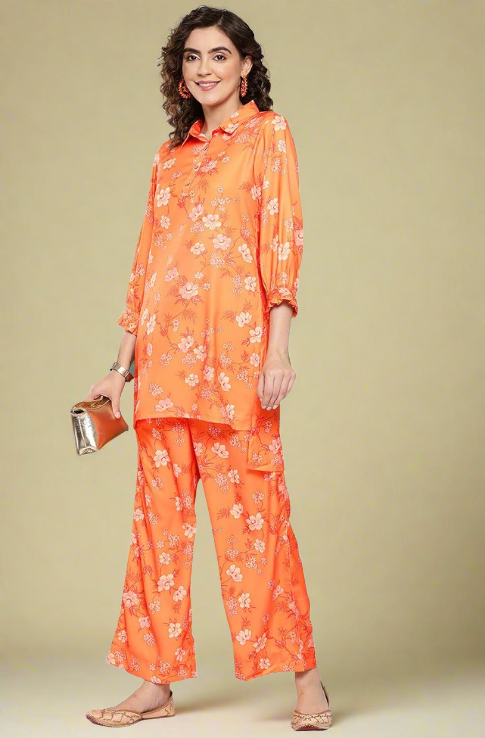 Women's Orange Moss Digital Floral Printed Coords Set - Comfortable and Stylish