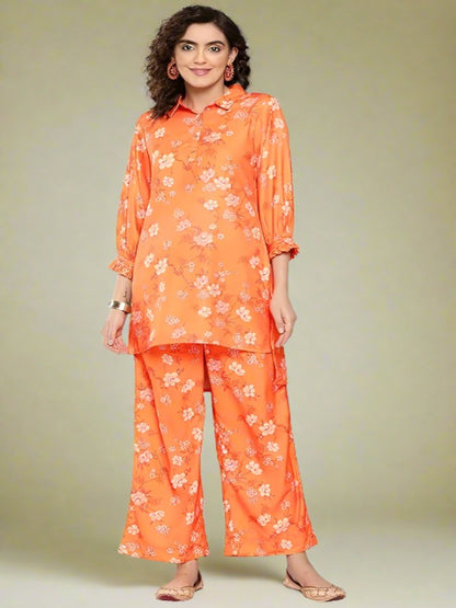 Women's Orange Moss Digital Floral Printed Coords Set - Comfortable and Stylish