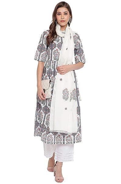 Janasya Women's White Cotton Flared Kurta With Palazzo And Dupatta