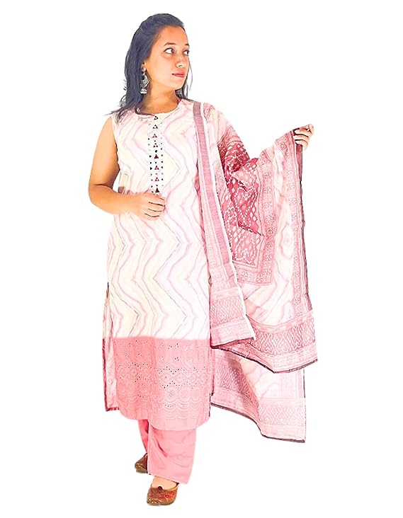 MyRor - White and Pink Cotton Self design Pakistani design suit for women (casual and fun events) Shirt, Pant and Dupatta set