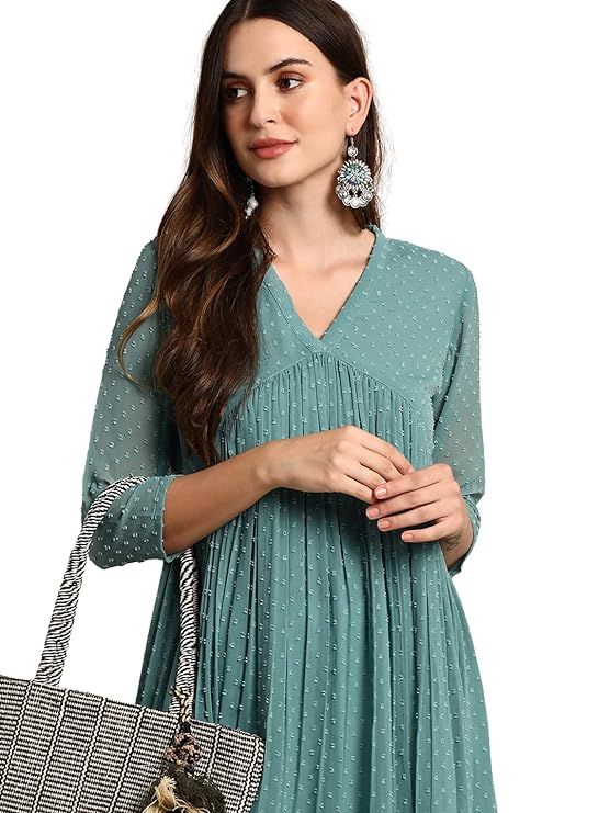 Women's Green Poly Chiffon Self Design Flared Western Dress