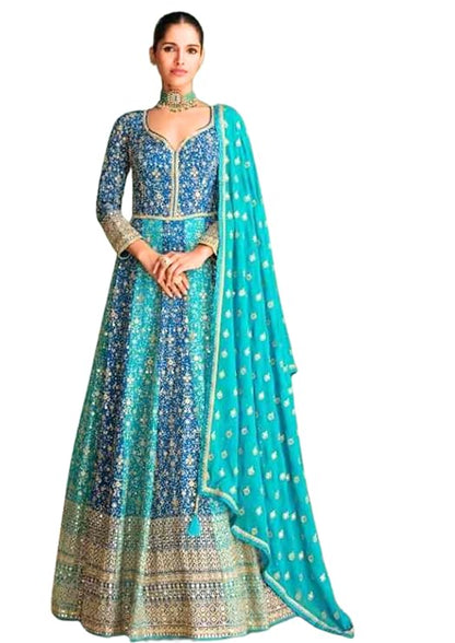 Myror Blue and Turquoise Embroidered Anarkali Gown, Long Sleeves, Floor Length for Casual, Party, Ocassion