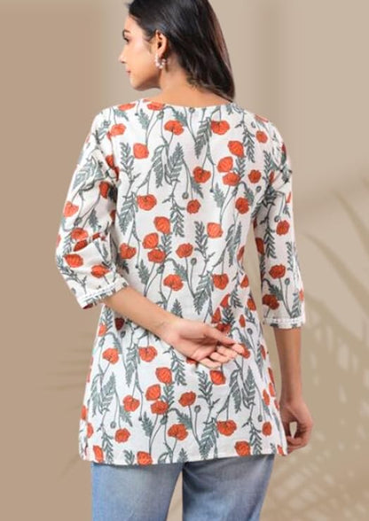 Short Cotton Kurtis with beautiful orange flowers and tassels