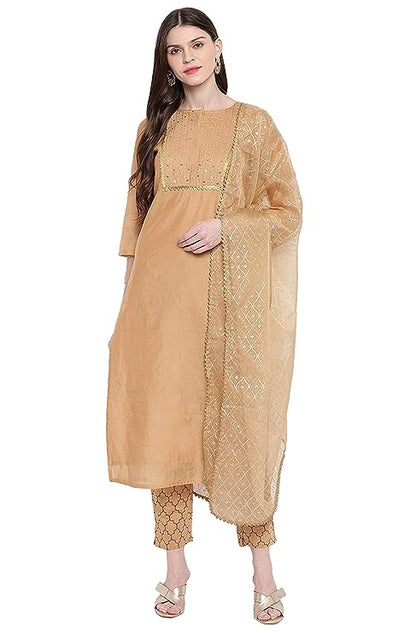 Janasya Women's Gold Poly Chanderi Kurta With Pant and Dupatta