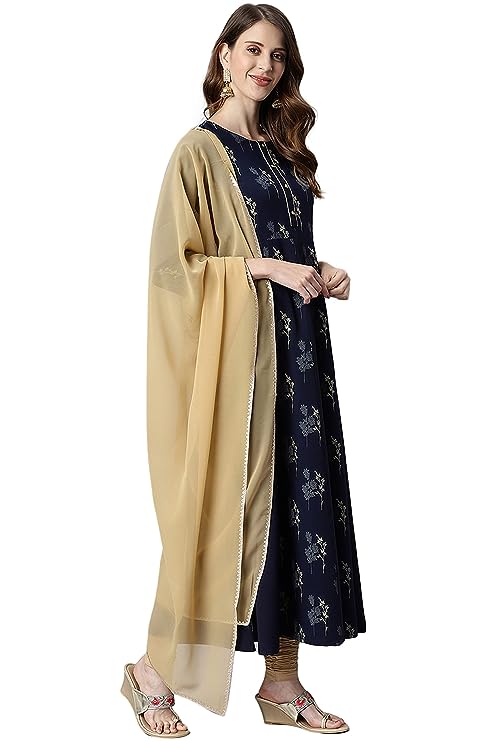 Janasya Women's Navy Blue Poly Crepe Kurta with Dupatta