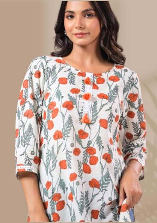 Short Cotton Kurtis with beautiful orange flowers and tassels