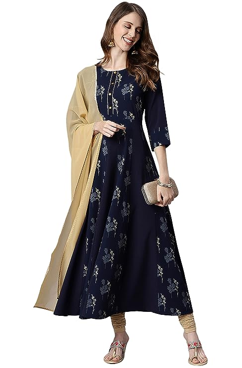 Janasya Women's Navy Blue Poly Crepe Kurta with Dupatta