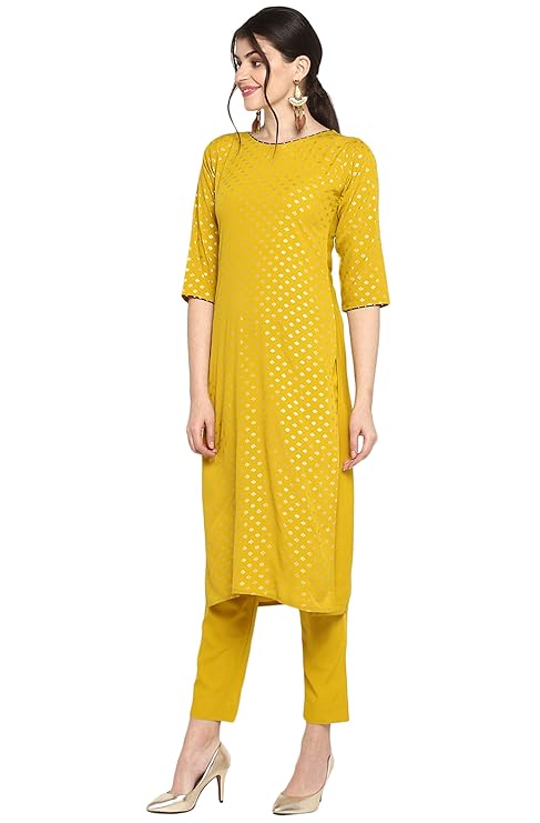 Women's Mustard Poly Crepe Gold Print Kurta with Pant and Dupatta