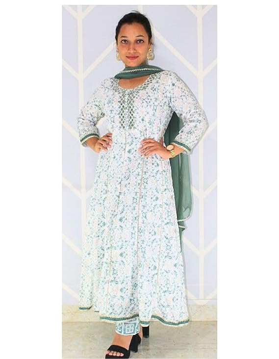 MyRor - White & Green Cotton suit with floral motifs (shirt, pant and Dupatta) - Formal and Ethnic women wear