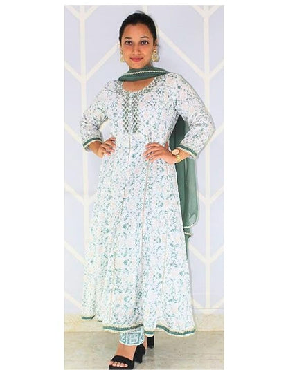 MyRor - White & Green Cotton suit with floral motifs (shirt, pant and Dupatta) - Formal and Ethnic women wear