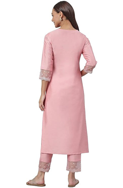 Women's Pink Poly Silk Straight Kurta with Pant