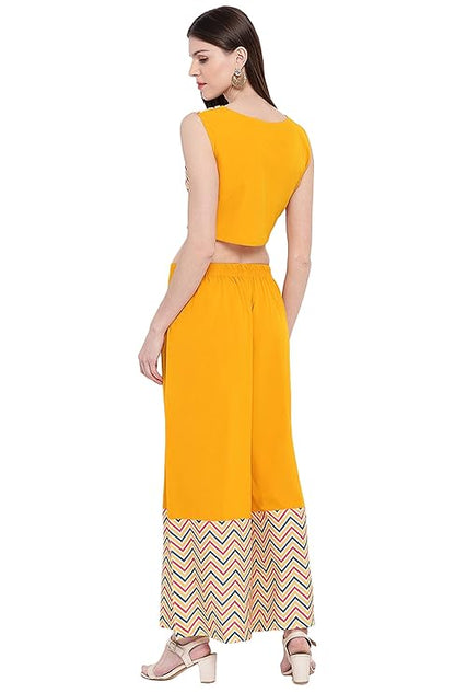 Women's Yellow Poly Crepe Chevron/Zig Zag Crop Top with Palazzo and Jacket