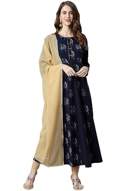 Janasya Women's Navy Blue Poly Crepe Kurta with Dupatta