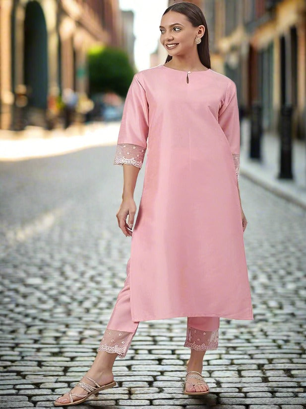 Women's Pink Poly Silk Straight Kurta with Pant