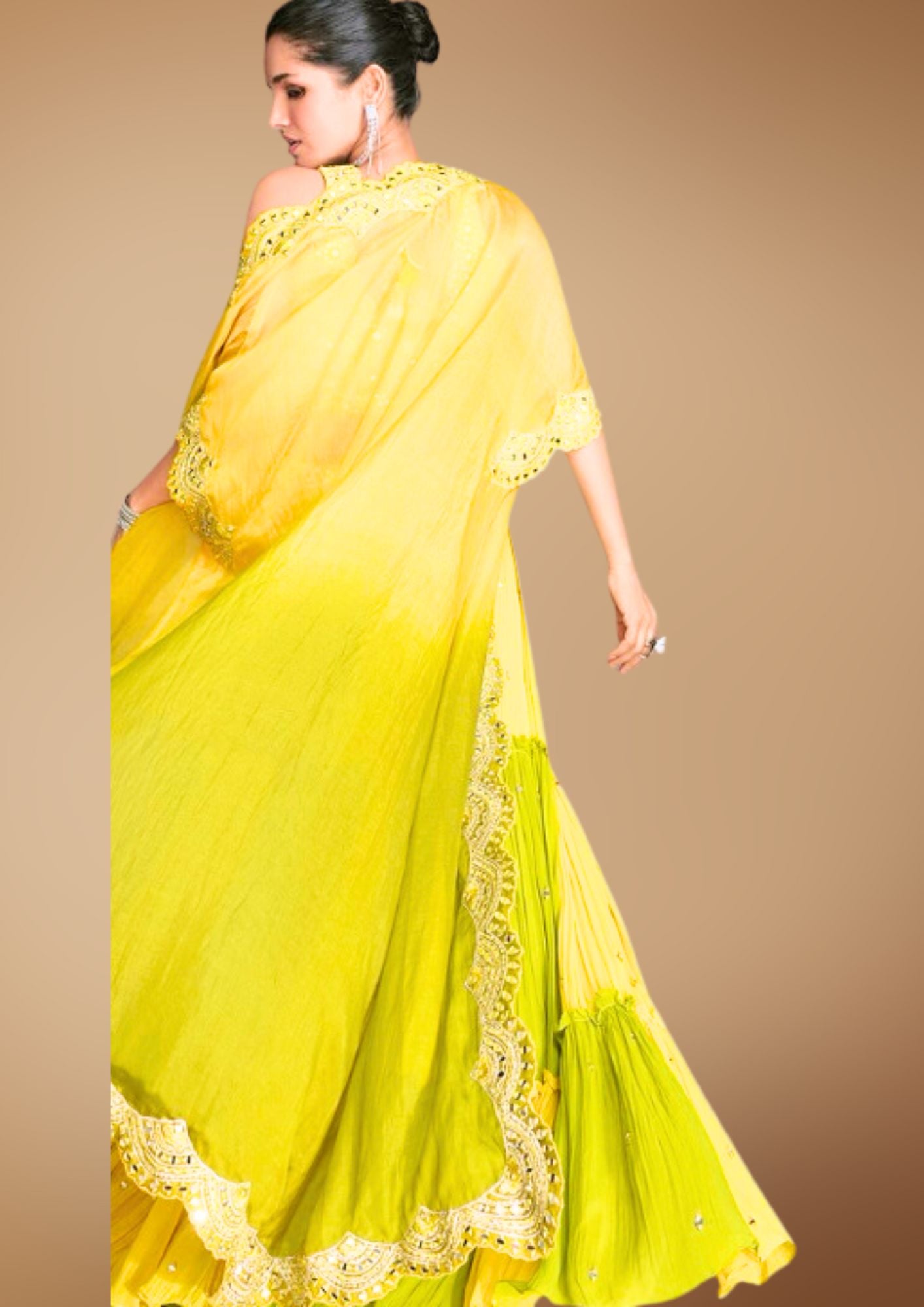 Yellow Green Bright Festive Dress for Events, Functions, Weddings || 2 Piece with Cape || Colorful, Sequined Designer Wear