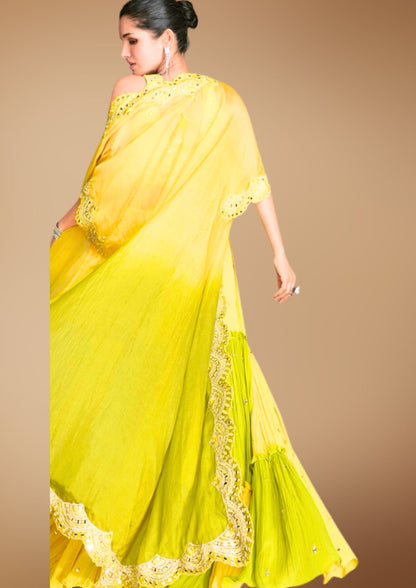 Yellow Green Bright Festive Dress for Events, Functions, Weddings || 2 Piece with Cape || Colorful, Sequined Designer Wear