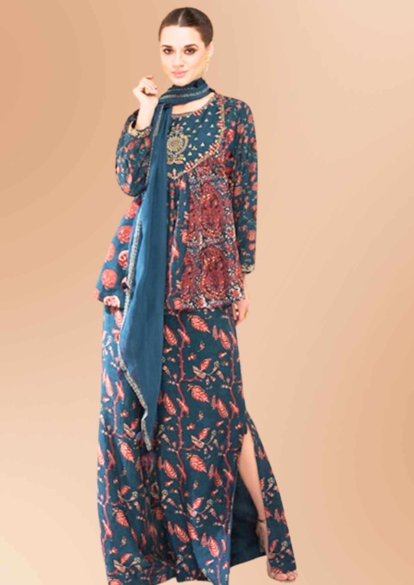 Floral Printed Cotton Top, Sharara with Dupatta, Teal and Orange. Embroidery Work Ideal, Parties, Wedding, Engagement