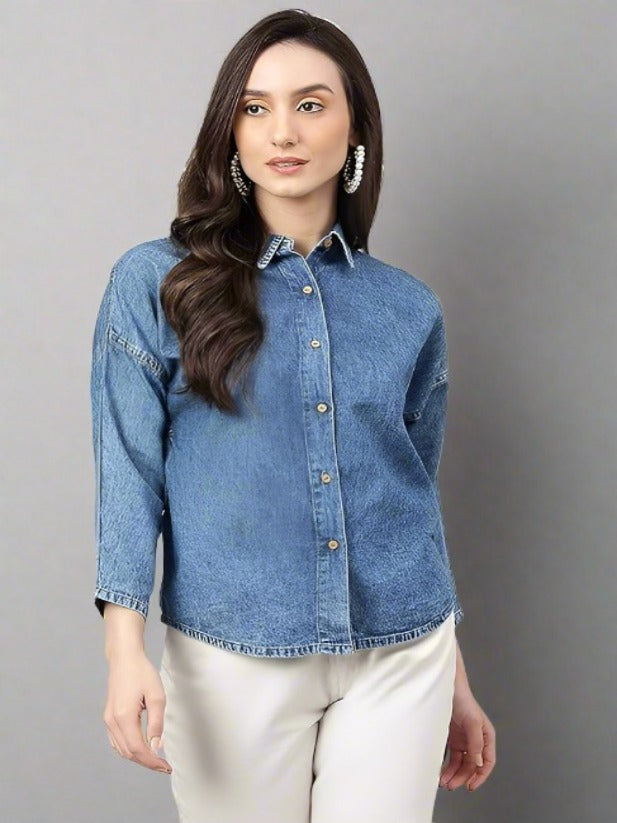 Blue Denim Solid Shirt Style Top for Women