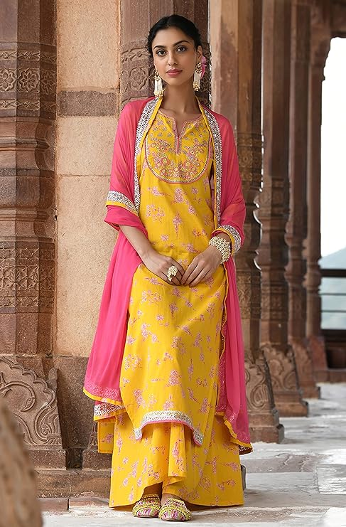 Janasya Women's Yellow Cotton Embroidered Kurta with Palazzo and Dupatta