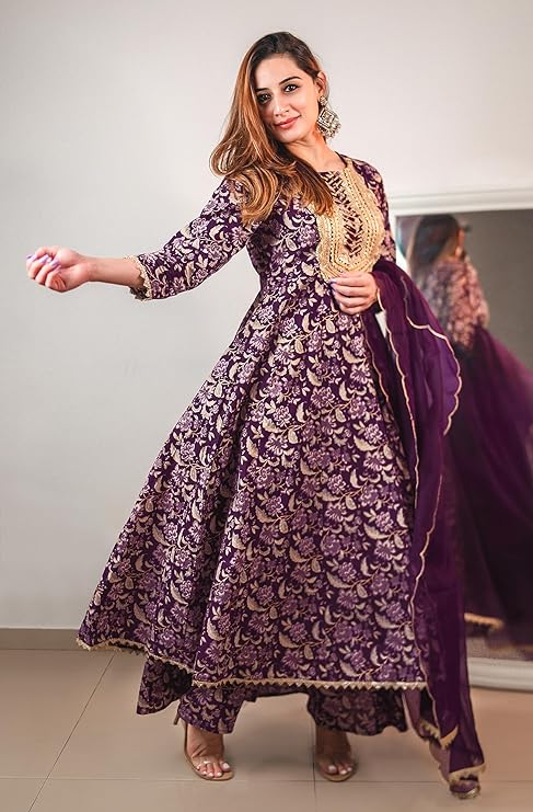 Women's Violet Cotton Floral Printed Kurta with Palazzo and Dupatta