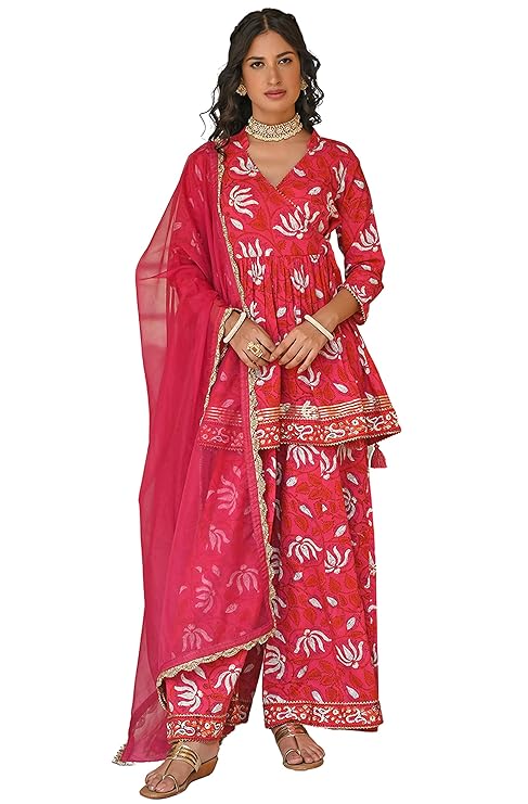 Women's Pink Cotton Floral Block Print Short Kurta with Sharara and Dupatta