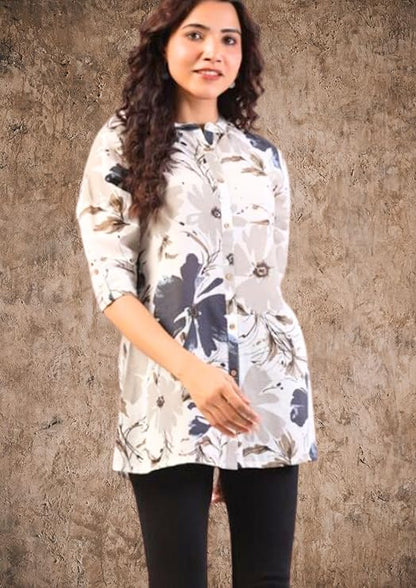 Short Cotton Kurtis with beautiful grey flowers print