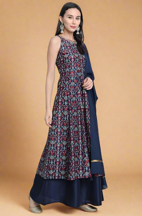 Women's Blue Poly Muslin Embroidered Kurta with Palazzo and Dupatta